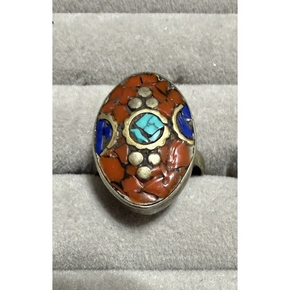 Jewelry - Antique Tibetan Tribal Metal Jewelry Ring with Multi Stone Inlay 7.5 7 1/2